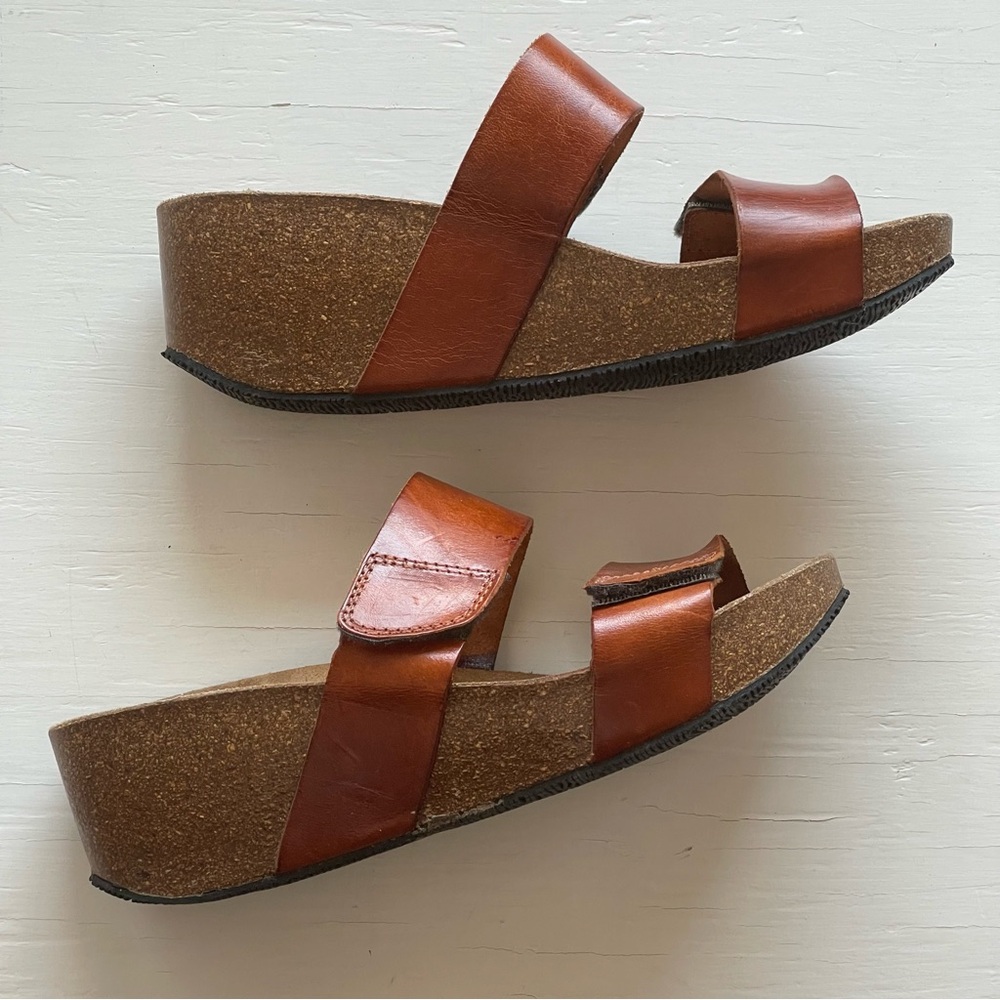 Size 40- Women’s Lola Sabbia Cork Camel Leather Adjustable Strap Wedge Sandals - Picture 7 of 12